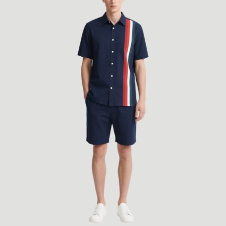 personalized-trend-mens-short-sleeved-shirt-navy-blue-shorts-set
